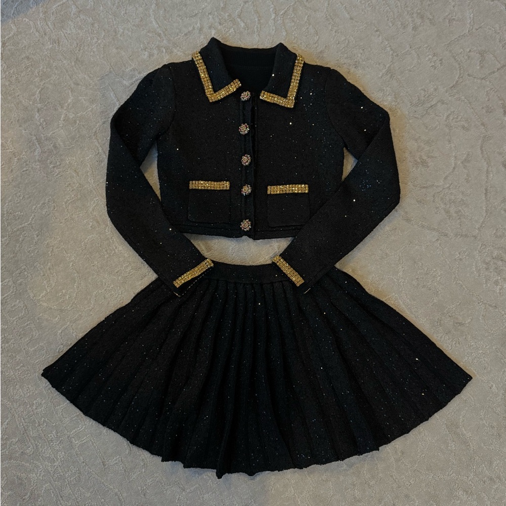 Elegant Black and Gold A-Line Skirt Set